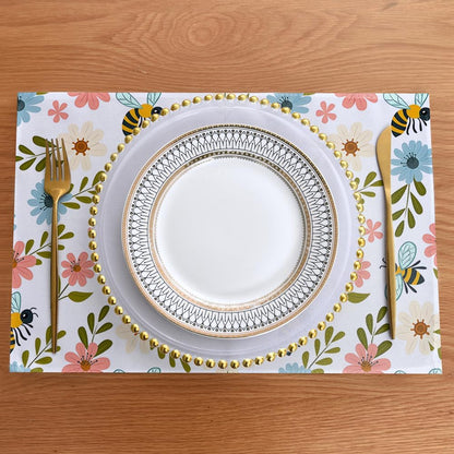 Spring Pink Floral Fabric Placemats Set of 4 Green Leaves Kitchen Dining Table Decoration Washable Polyester Light Blue Flower Cloth Place Mats Outdoor Patio Party Table Decor