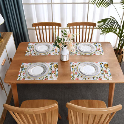 Spring Pink Floral Fabric Placemats Set of 4 Green Leaves Kitchen Dining Table Decoration Washable Polyester Light Blue Flower Cloth Place Mats Outdoor Patio Party Table Decor