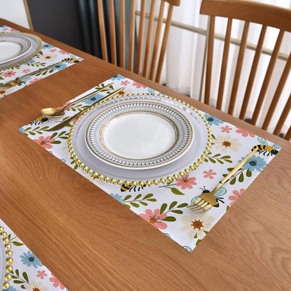 Spring Pink Floral Fabric Placemats Set of 4 Green Leaves Kitchen Dining Table Decoration Washable Polyester Light Blue Flower Cloth Place Mats Outdoor Patio Party Table Decor