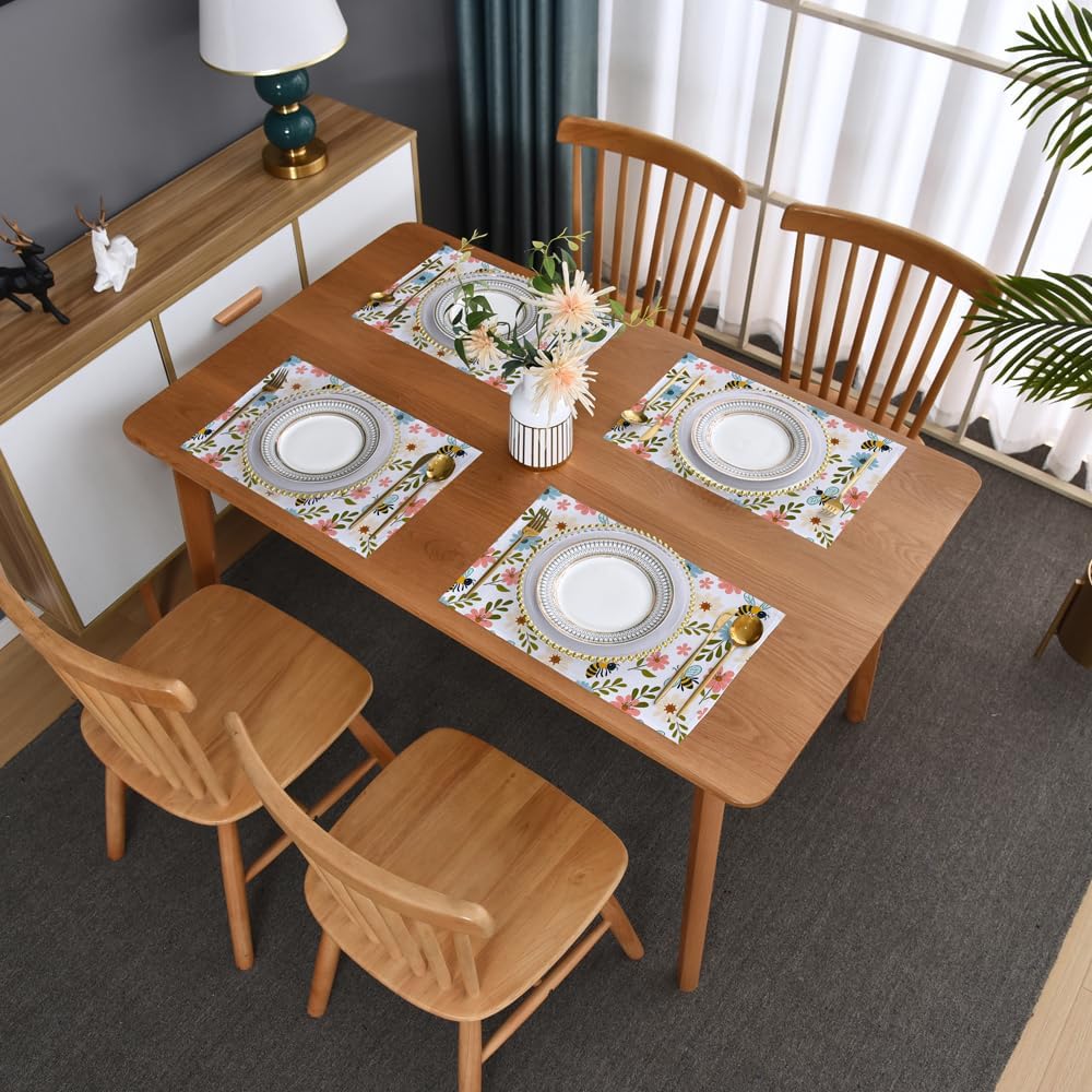 Spring Pink Floral Fabric Placemats Set of 4 Green Leaves Kitchen Dining Table Decoration Washable Polyester Light Blue Flower Cloth Place Mats Outdoor Patio Party Table Decor