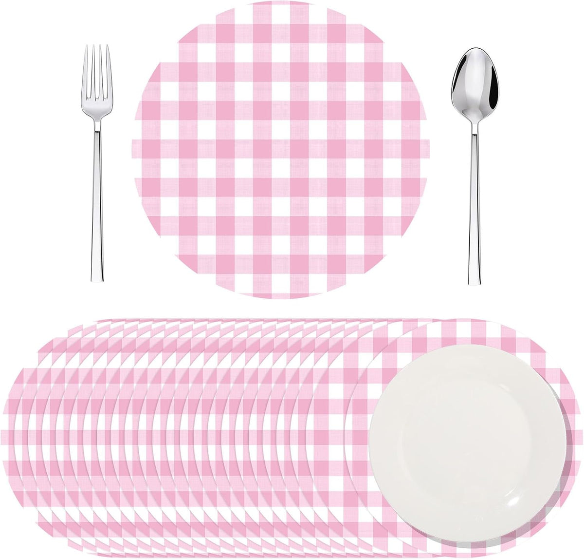 60 Pcs Pink and White Gingham Disposable Paper Placemats Round Table Place Mat Summer Checkered Decorative Paper for Baby Shower Wedding Birthday Party Dinner Table Decor