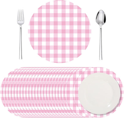 60 Pcs Pink and White Gingham Disposable Paper Placemats Round Table Place Mat Summer Checkered Decorative Paper for Baby Shower Wedding Birthday Party Dinner Table Decor