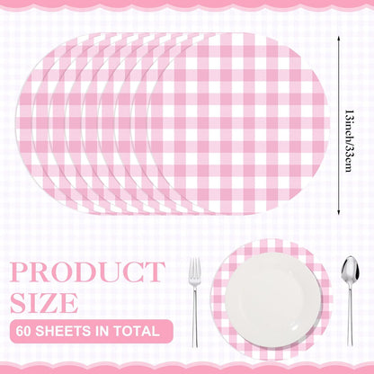60 Pcs Pink and White Gingham Disposable Paper Placemats Round Table Place Mat Summer Checkered Decorative Paper for Baby Shower Wedding Birthday Party Dinner Table Decor