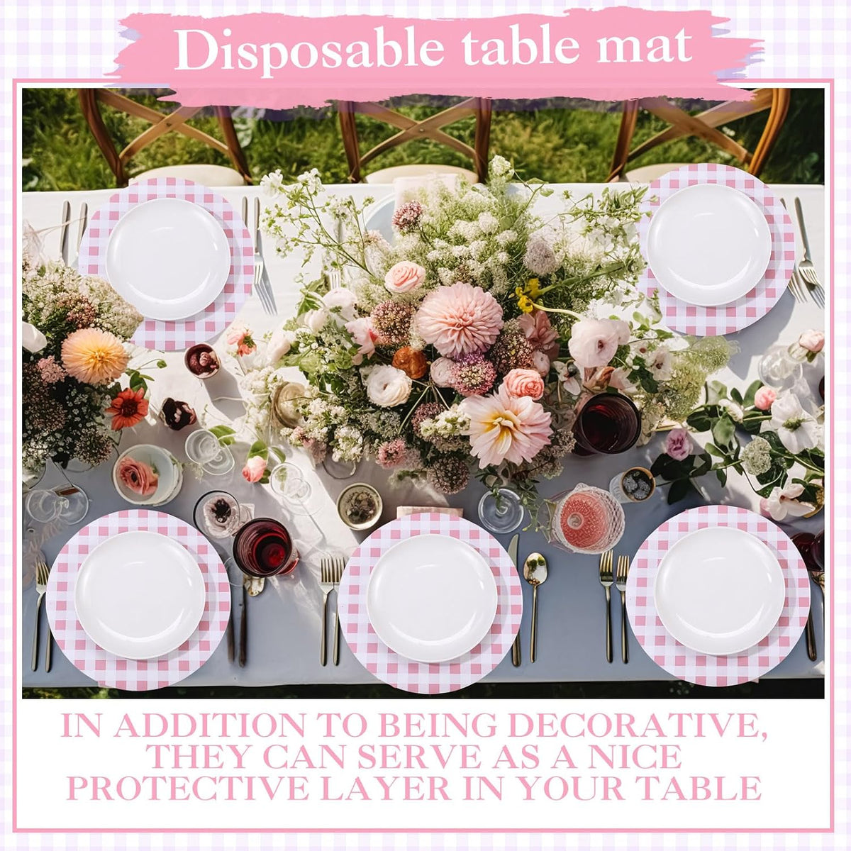 60 Pcs Pink and White Gingham Disposable Paper Placemats Round Table Place Mat Summer Checkered Decorative Paper for Baby Shower Wedding Birthday Party Dinner Table Decor