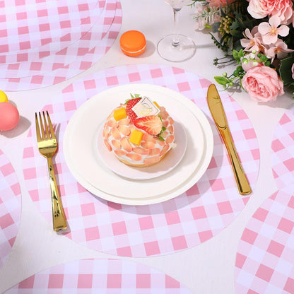 60 Pcs Pink and White Gingham Disposable Paper Placemats Round Table Place Mat Summer Checkered Decorative Paper for Baby Shower Wedding Birthday Party Dinner Table Decor
