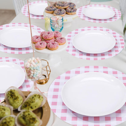 60 Pcs Pink and White Gingham Disposable Paper Placemats Round Table Place Mat Summer Checkered Decorative Paper for Baby Shower Wedding Birthday Party Dinner Table Decor