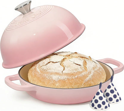 Cast Iron Dutch Oven Pot with Lid, Round Bread Oven for Sourdough Bread Baking, Enameled Cast Iron Bread Oven with Dome Lid & Cotton Potholders for Sourdough, Pink, 6 Quarts