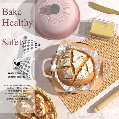 Cast Iron Dutch Oven Pot with Lid, Round Bread Oven for Sourdough Bread Baking, Enameled Cast Iron Bread Oven with Dome Lid & Cotton Potholders for Sourdough, Pink, 6 Quarts
