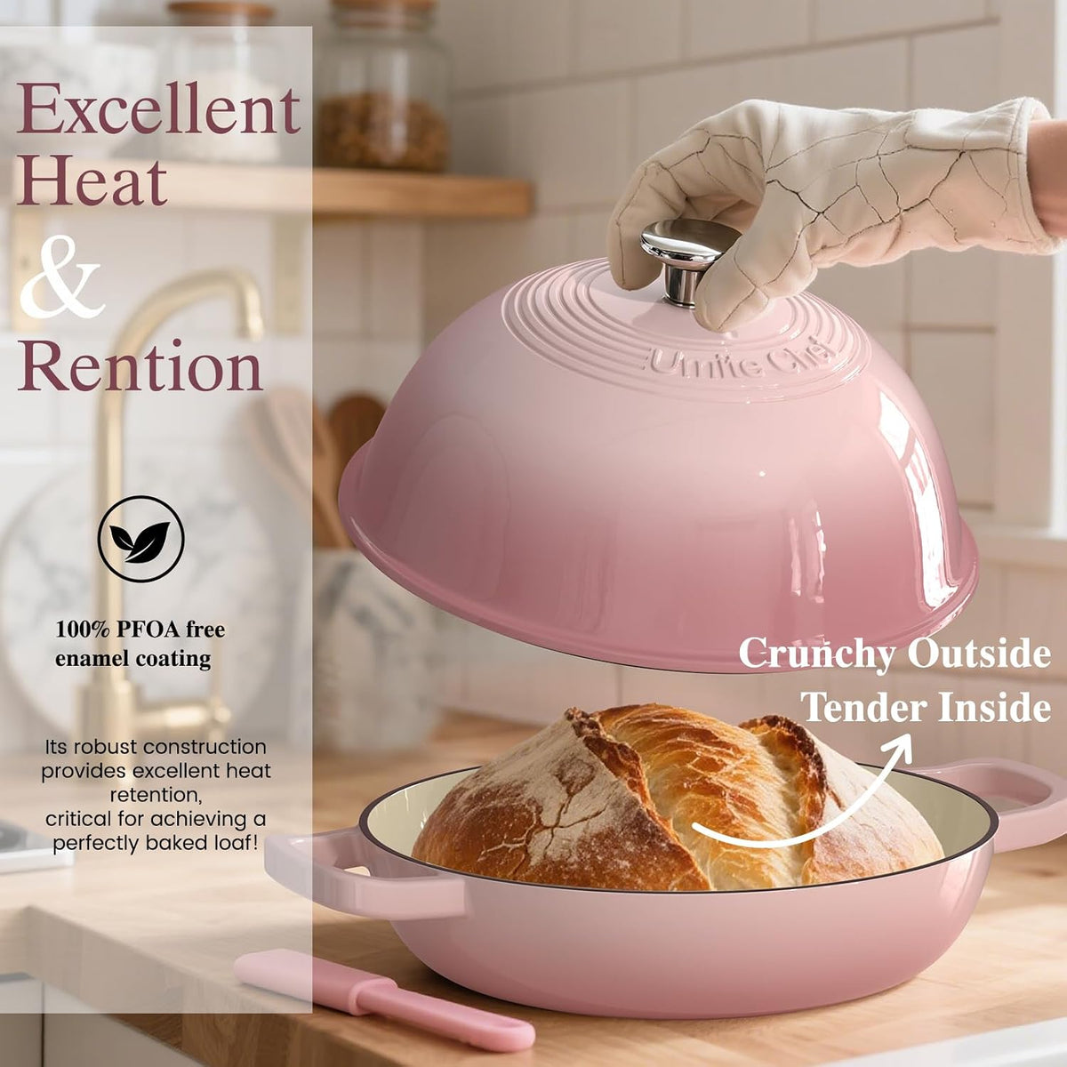Cast Iron Dutch Oven Pot with Lid, Round Bread Oven for Sourdough Bread Baking, Enameled Cast Iron Bread Oven with Dome Lid & Cotton Potholders for Sourdough, Pink, 6 Quarts