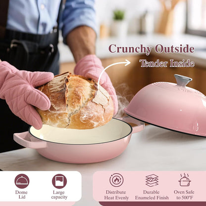 Cast Iron Dutch Oven Pot with Lid, Round Bread Oven for Sourdough Bread Baking, Enameled Cast Iron Bread Oven with Dome Lid & Cotton Potholders for Sourdough, Pink, 6 Quarts