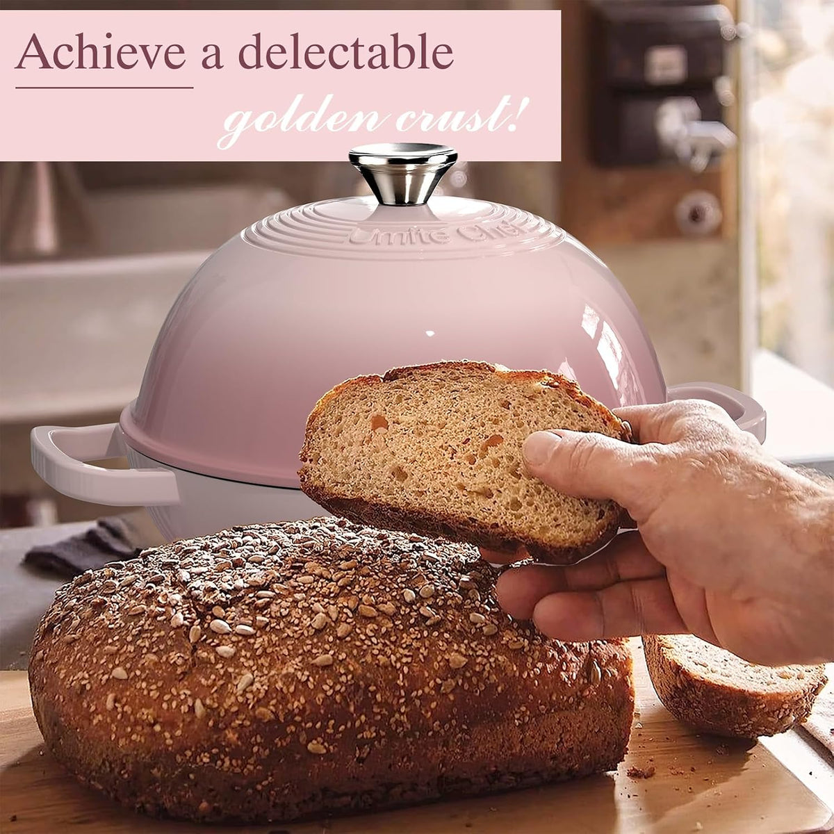 Cast Iron Dutch Oven Pot with Lid, Round Bread Oven for Sourdough Bread Baking, Enameled Cast Iron Bread Oven with Dome Lid & Cotton Potholders for Sourdough, Pink, 6 Quarts