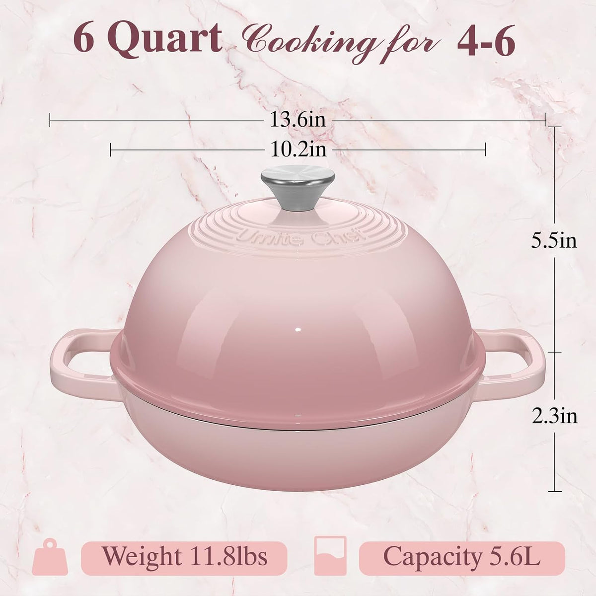 Cast Iron Dutch Oven Pot with Lid, Round Bread Oven for Sourdough Bread Baking, Enameled Cast Iron Bread Oven with Dome Lid & Cotton Potholders for Sourdough, Pink, 6 Quarts