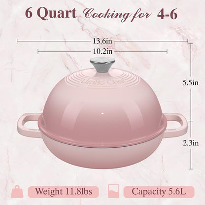 Cast Iron Dutch Oven Pot with Lid, Round Bread Oven for Sourdough Bread Baking, Enameled Cast Iron Bread Oven with Dome Lid & Cotton Potholders for Sourdough, Pink, 6 Quarts
