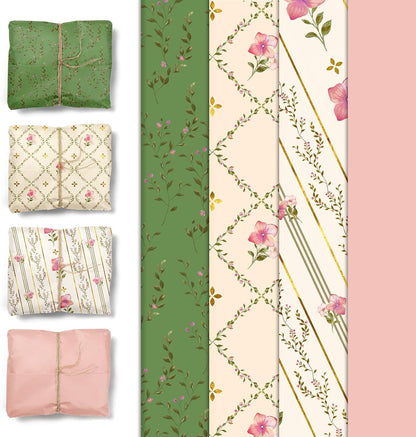 24 Sheets Floral Tissue Paper, Sage Green and Pink 15x20Inch