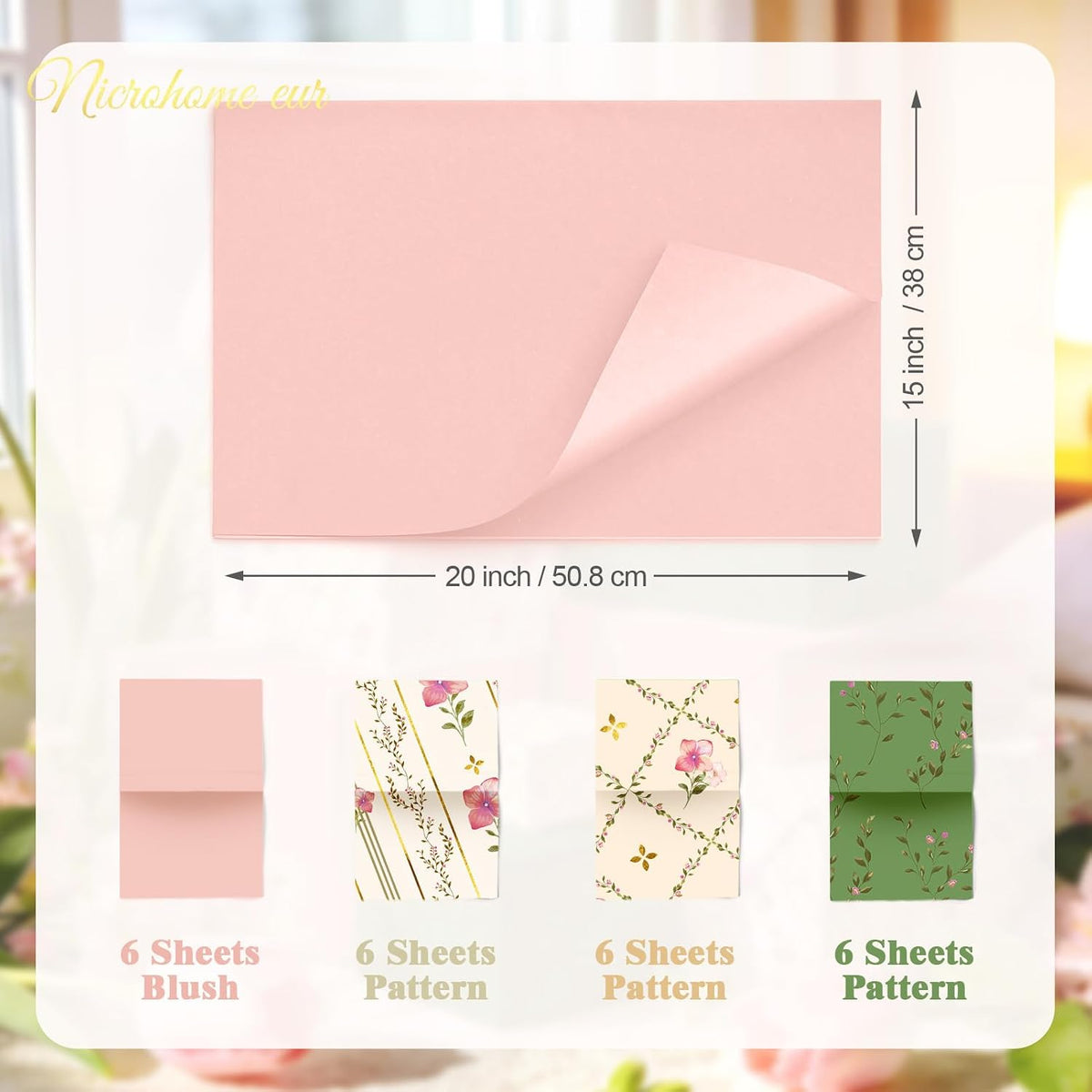 24 Sheets Floral Tissue Paper, Sage Green and Pink 15x20Inch