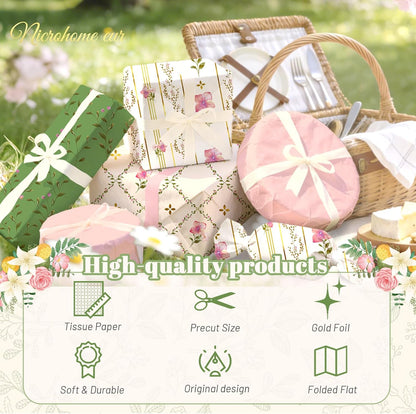 24 Sheets Floral Tissue Paper, Sage Green and Pink 15x20Inch