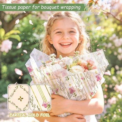 24 Sheets Floral Tissue Paper, Sage Green and Pink 15x20Inch