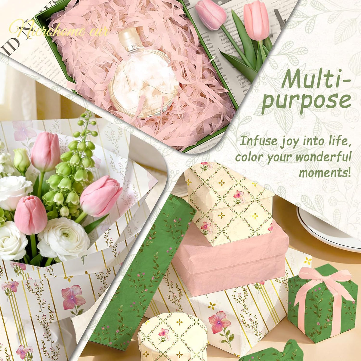 24 Sheets Floral Tissue Paper, Sage Green and Pink 15x20Inch
