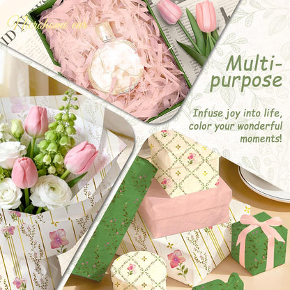 24 Sheets Floral Tissue Paper, Sage Green and Pink 15x20Inch