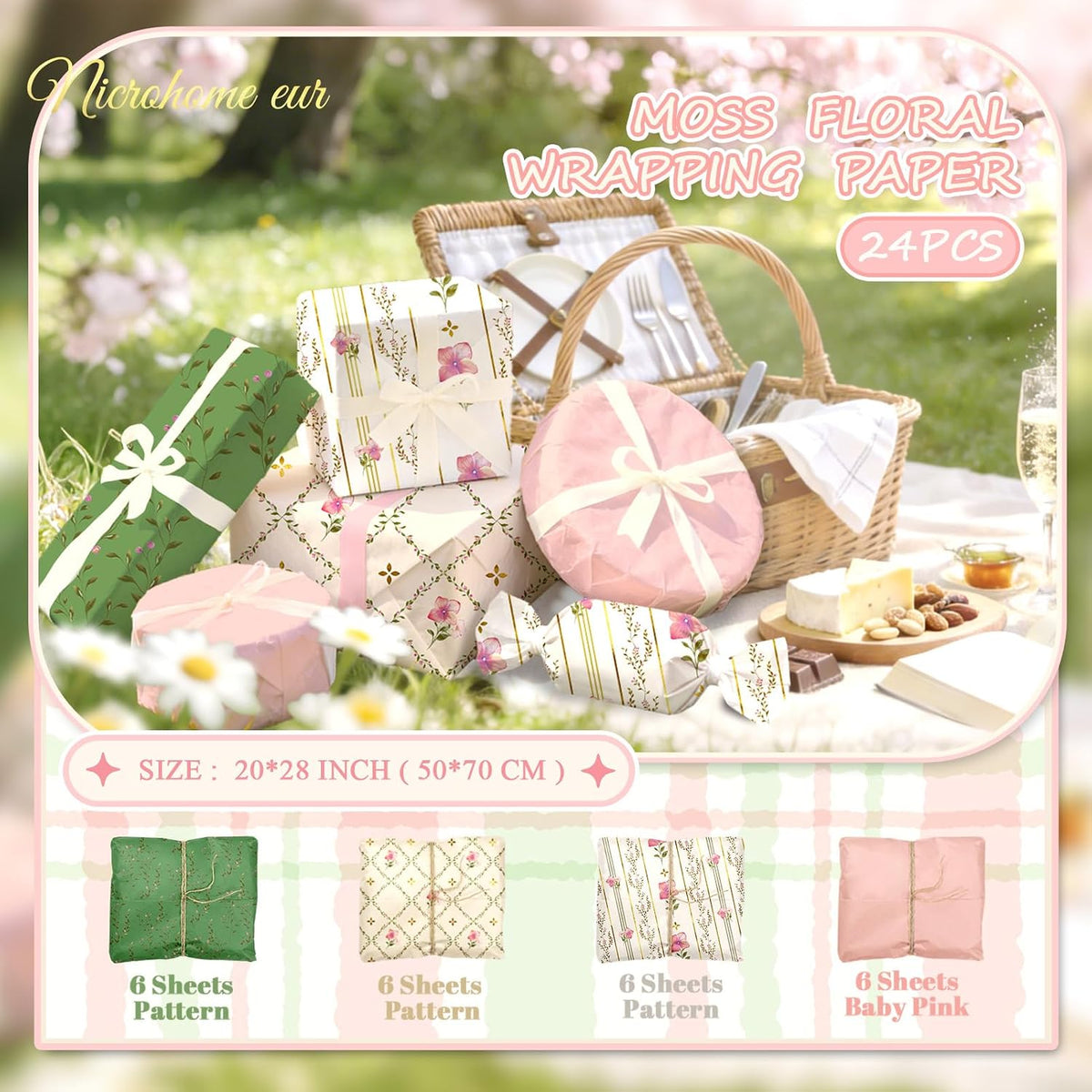 24 Sheets Floral Tissue Paper, Sage Green and Pink 15x20Inch