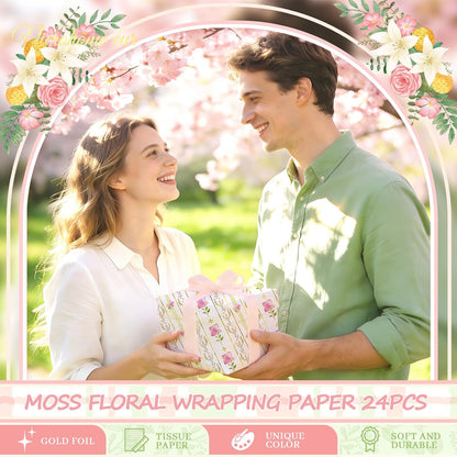 24 Sheets Floral Tissue Paper, Sage Green and Pink 15x20Inch