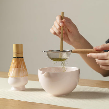 Matcha Whisk Set, Matcha Set with Ceramic Matcha Bowl, Bamboo Whisk & Holder, Sifter, Tea Scoop (Pink)