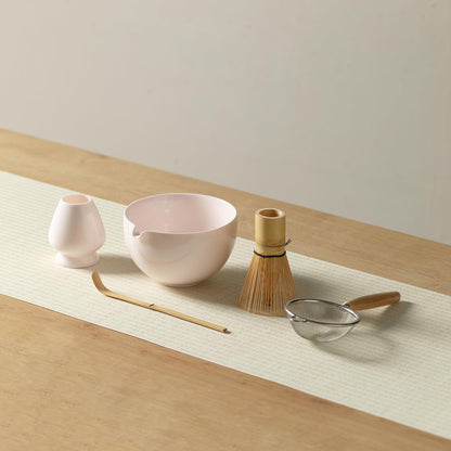 Matcha Whisk Set, Matcha Set with Ceramic Matcha Bowl, Bamboo Whisk & Holder, Sifter, Tea Scoop (Pink)