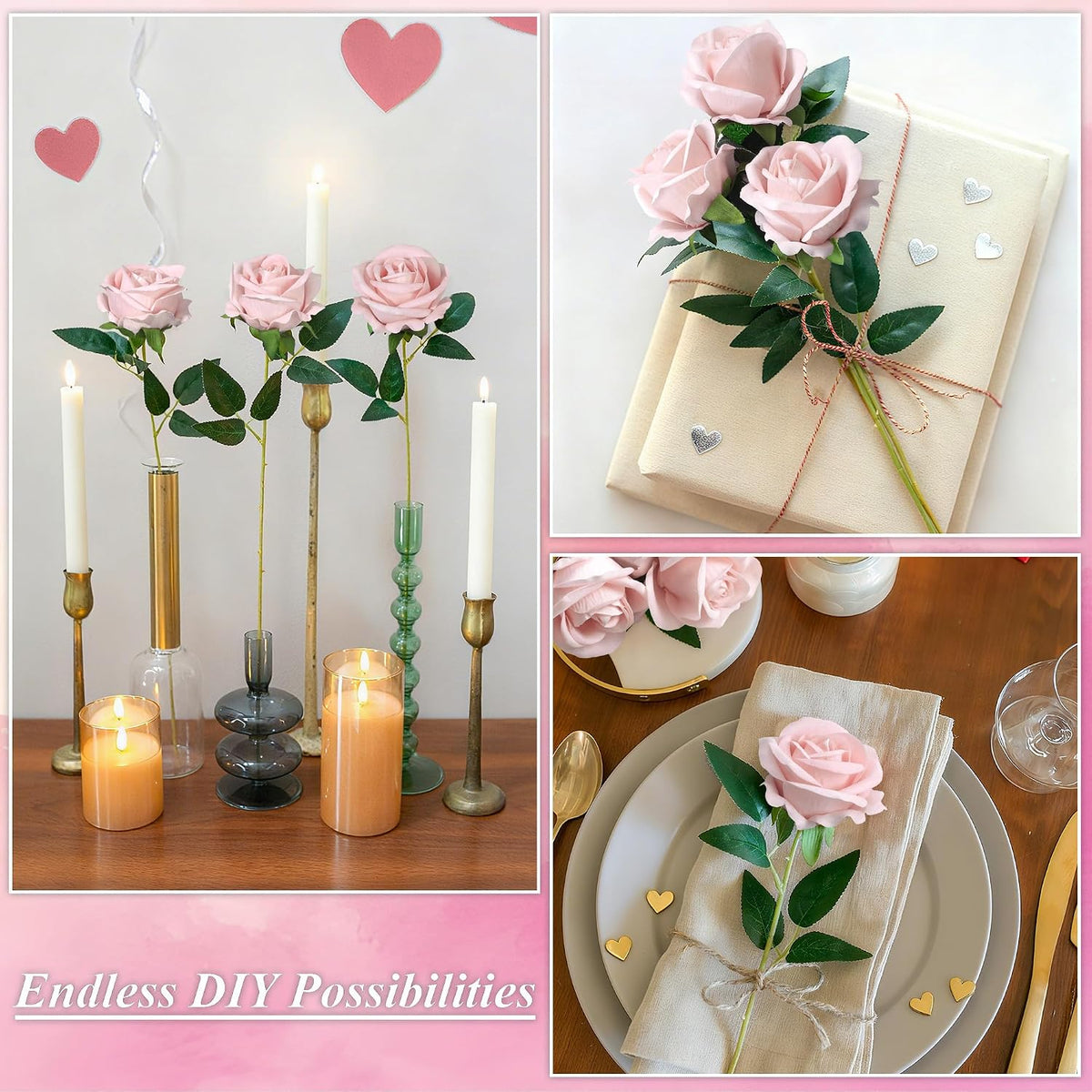 50 PCS Roses Artificial Flowers, Fake Roses with Stem Realistic Blush Silk Rose for DIY Wedding Bouquets Table Centerpieces Arrangements Baby Shower Birthday Home Decor Valentines Day Gift for Her