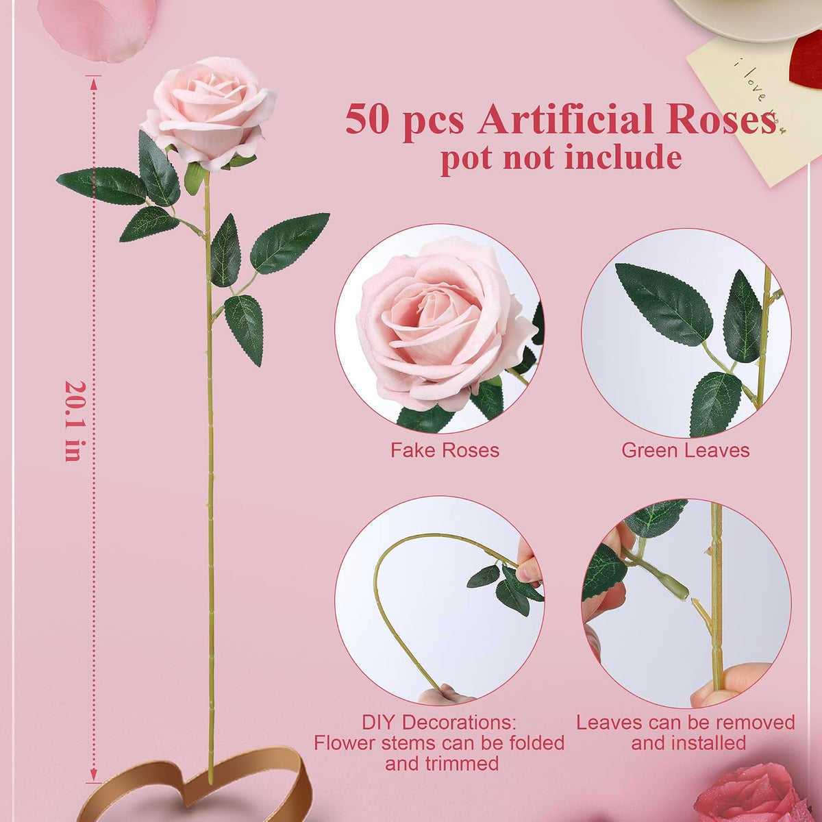 50 PCS Roses Artificial Flowers, Fake Roses with Stem Realistic Blush Silk Rose for DIY Wedding Bouquets Table Centerpieces Arrangements Baby Shower Birthday Home Decor Valentines Day Gift for Her