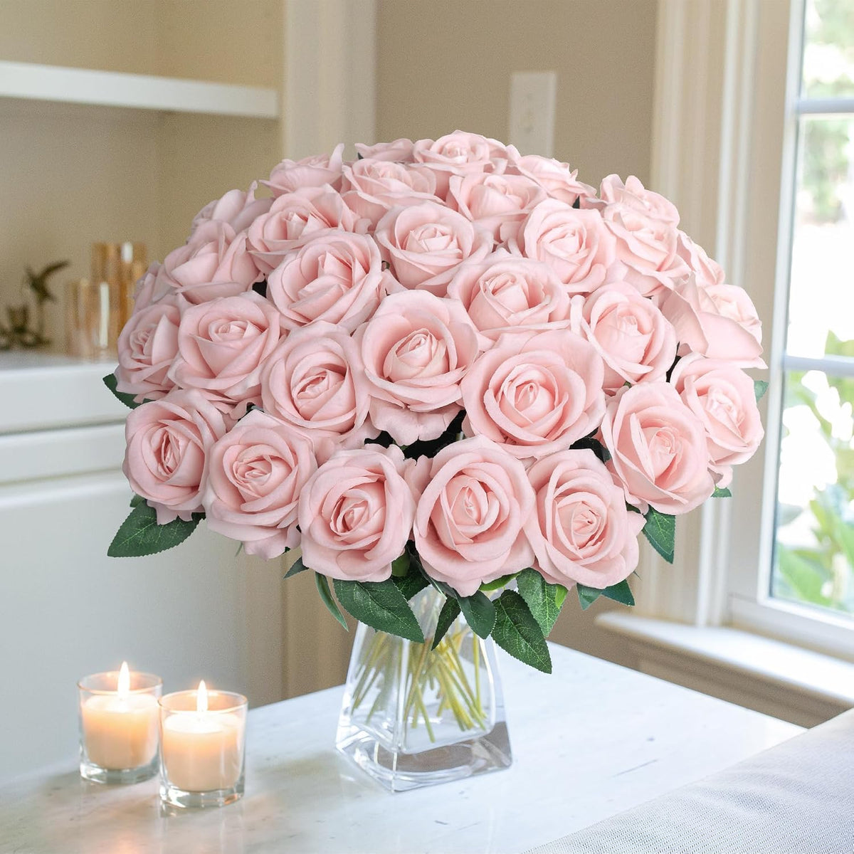 50 PCS Roses Artificial Flowers, Fake Roses with Stem Realistic Blush Silk Rose for DIY Wedding Bouquets Table Centerpieces Arrangements Baby Shower Birthday Home Decor Valentines Day Gift for Her