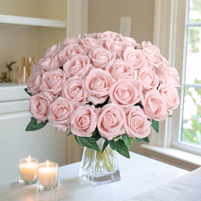 50 PCS Roses Artificial Flowers, Fake Roses with Stem Realistic Blush Silk Rose for DIY Wedding Bouquets Table Centerpieces Arrangements Baby Shower Birthday Home Decor Valentines Day Gift for Her