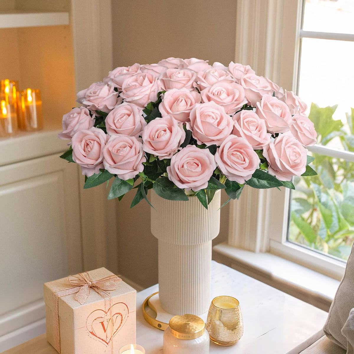 50 PCS Roses Artificial Flowers, Fake Roses with Stem Realistic Blush Silk Rose for DIY Wedding Bouquets Table Centerpieces Arrangements Baby Shower Birthday Home Decor Valentines Day Gift for Her