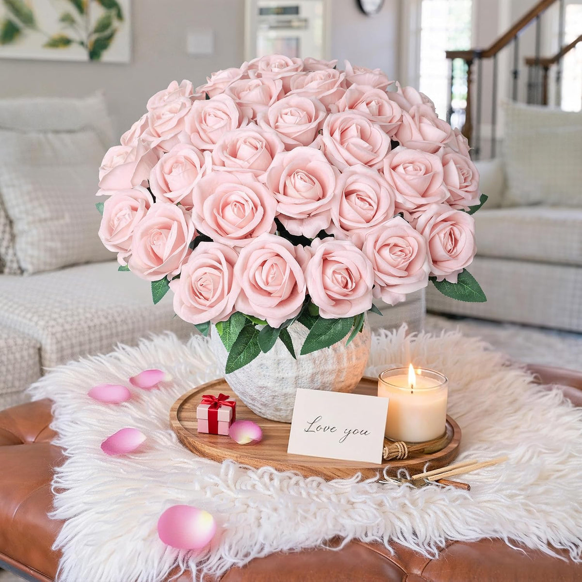 50 PCS Roses Artificial Flowers, Fake Roses with Stem Realistic Blush Silk Rose for DIY Wedding Bouquets Table Centerpieces Arrangements Baby Shower Birthday Home Decor Valentines Day Gift for Her