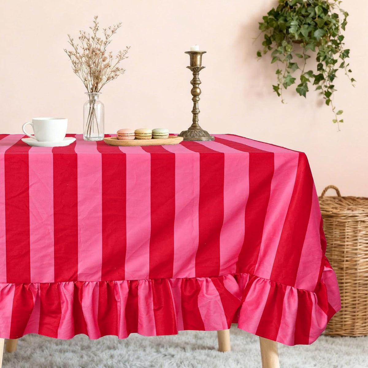 Ruffle Tablecloth Table Cloth Boho Pink Red Striped Rectangle Decorative Table Cover for Home Kitchen Baby Shower Party Wedding Decor, 55 x 70 Inch