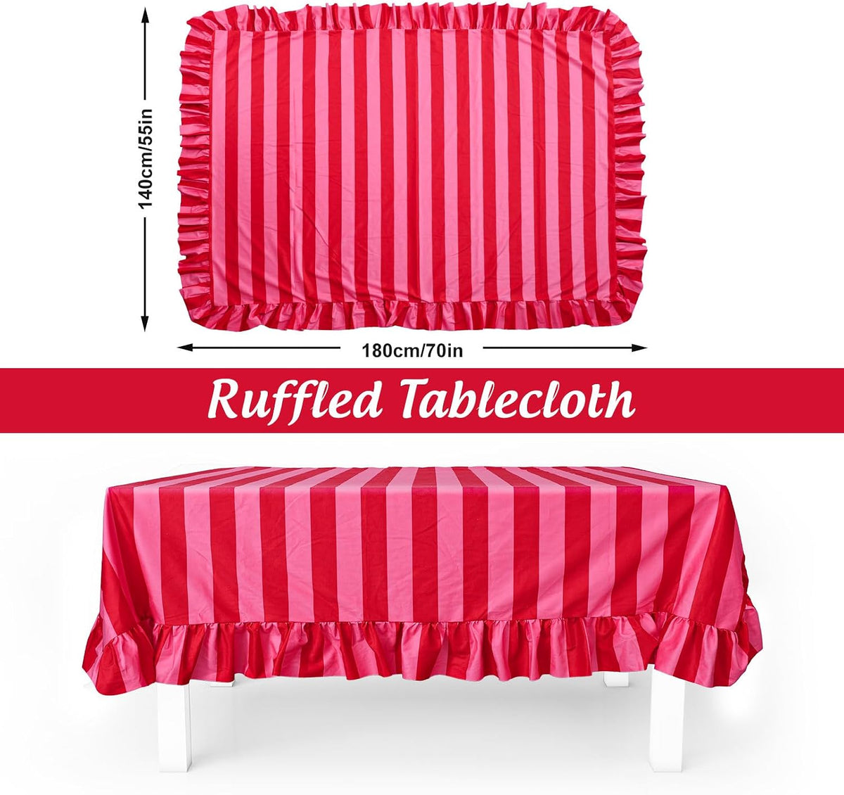 Ruffle Tablecloth Table Cloth Boho Pink Red Striped Rectangle Decorative Table Cover for Home Kitchen Baby Shower Party Wedding Decor, 55 x 70 Inch