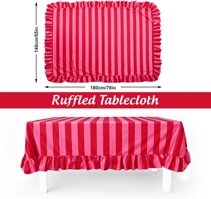 Ruffle Tablecloth Table Cloth Boho Pink Red Striped Rectangle Decorative Table Cover for Home Kitchen Baby Shower Party Wedding Decor, 55 x 70 Inch