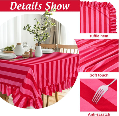 Ruffle Tablecloth Table Cloth Boho Pink Red Striped Rectangle Decorative Table Cover for Home Kitchen Baby Shower Party Wedding Decor, 55 x 70 Inch