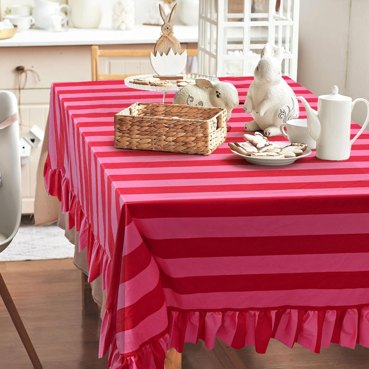 Ruffle Tablecloth Table Cloth Boho Pink Red Striped Rectangle Decorative Table Cover for Home Kitchen Baby Shower Party Wedding Decor, 55 x 70 Inch