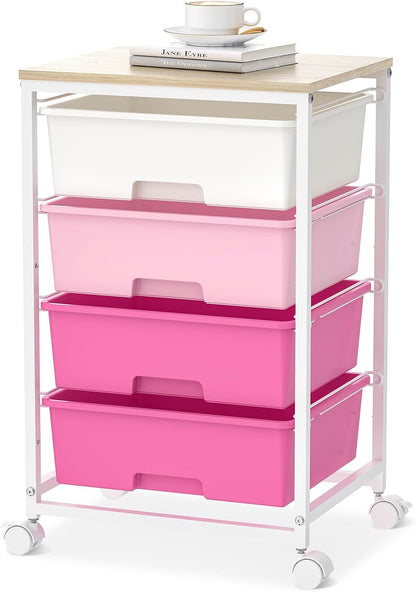 Rolling Cart with Drawers, 4-Drawer Utility Cart, Pink