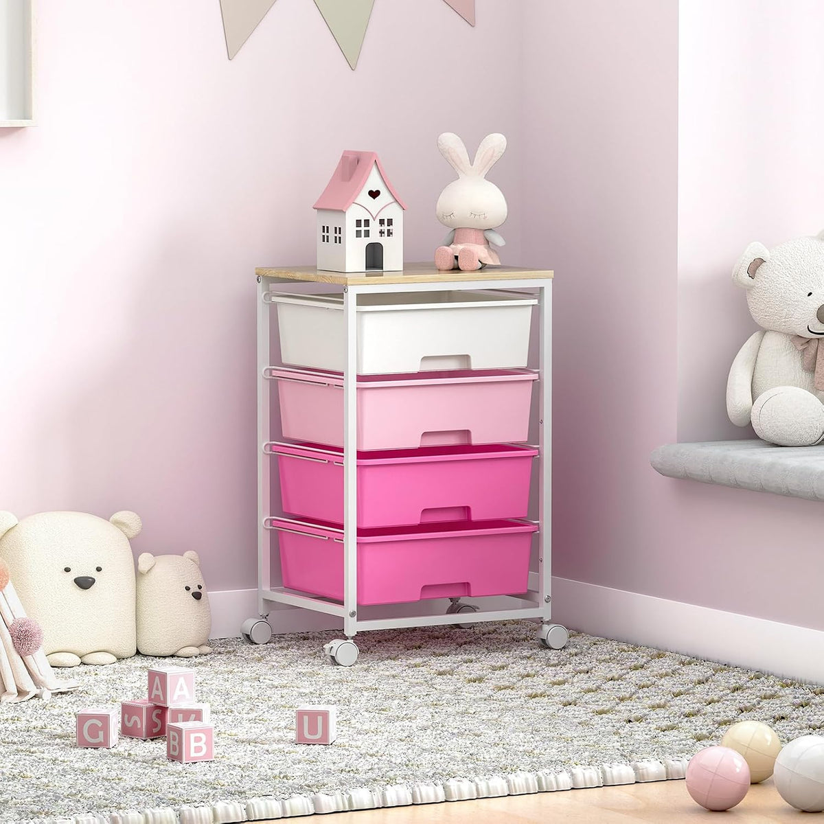 Rolling Cart with Drawers, 4-Drawer Utility Cart, Pink