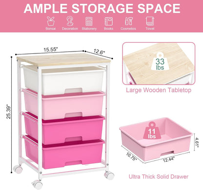 Rolling Cart with Drawers, 4-Drawer Utility Cart, Pink
