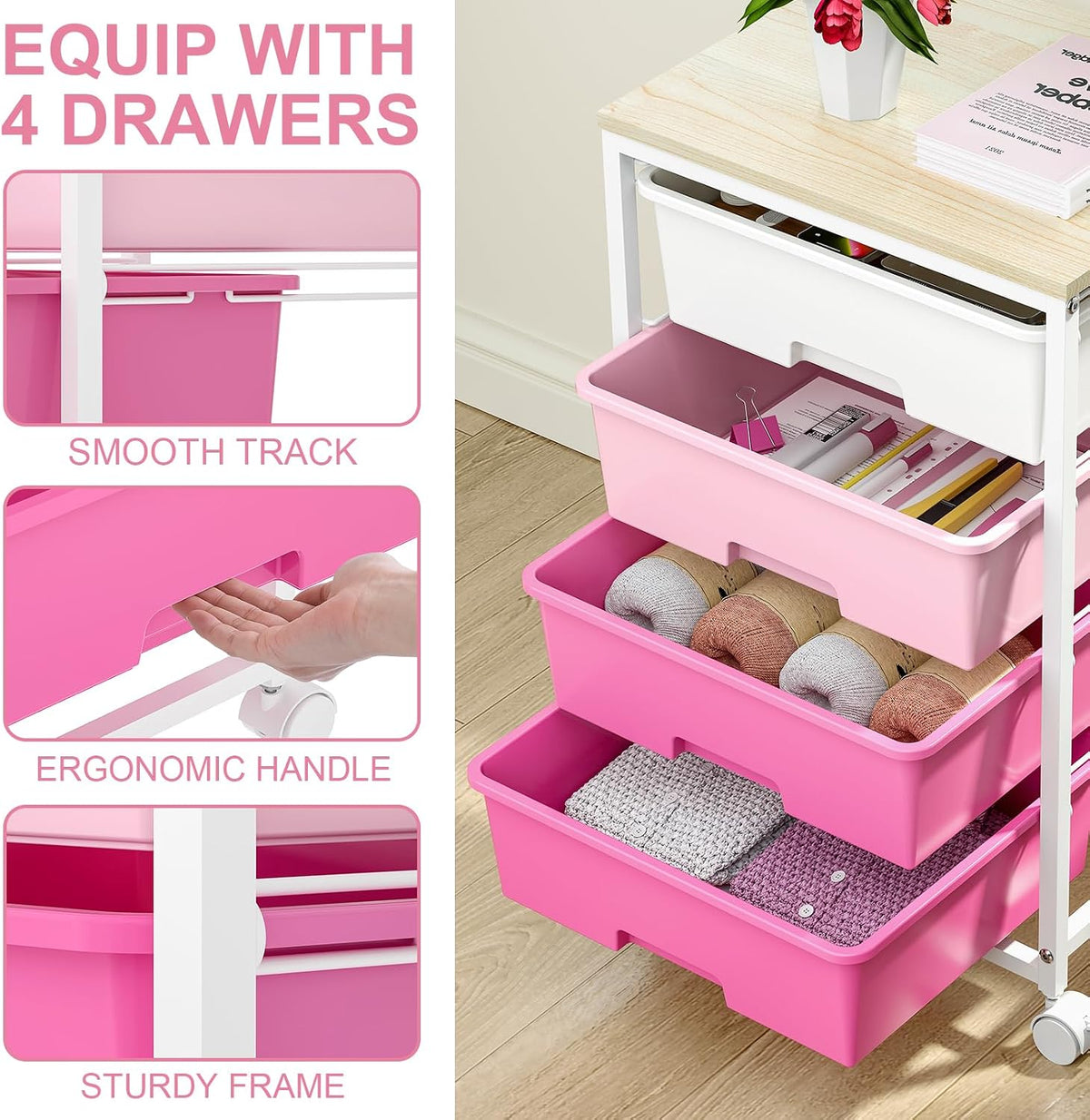 Rolling Cart with Drawers, 4-Drawer Utility Cart, Pink