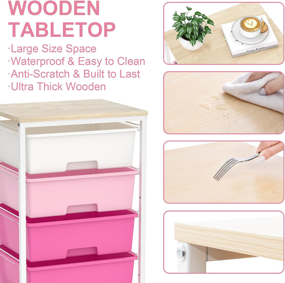 Rolling Cart with Drawers, 4-Drawer Utility Cart, Pink
