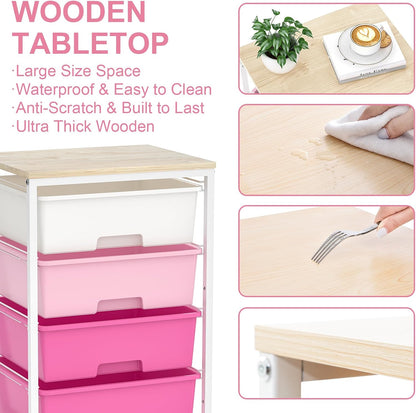Rolling Cart with Drawers, 4-Drawer Utility Cart, Pink