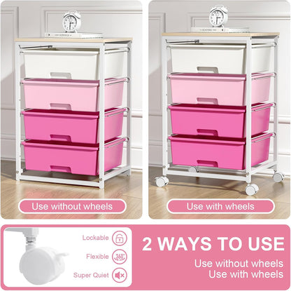 Rolling Cart with Drawers, 4-Drawer Utility Cart, Pink