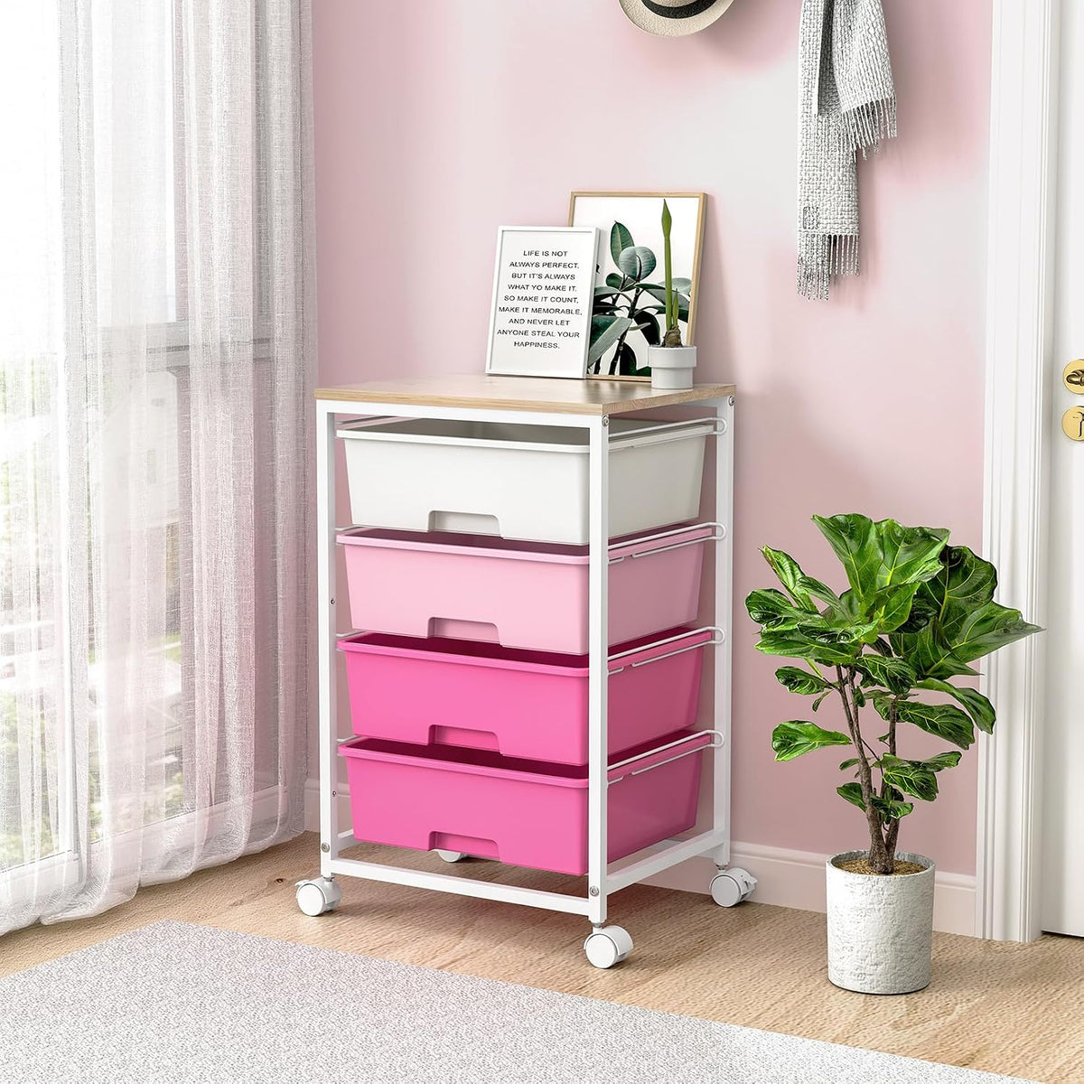 Rolling Cart with Drawers, 4-Drawer Utility Cart, Pink