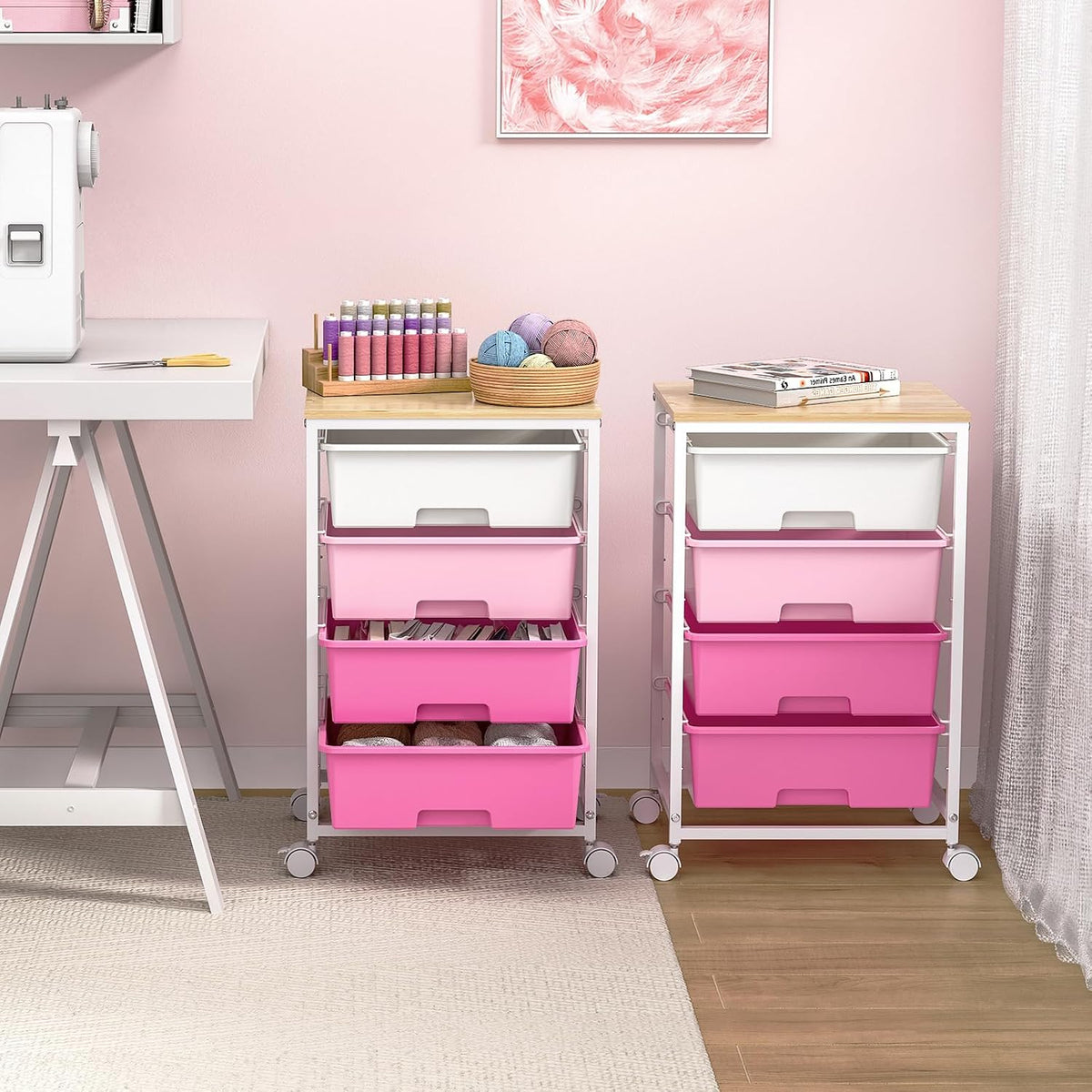 Rolling Cart with Drawers, 4-Drawer Utility Cart, Pink