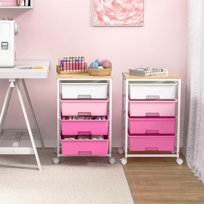 Rolling Cart with Drawers, 4-Drawer Utility Cart, Pink