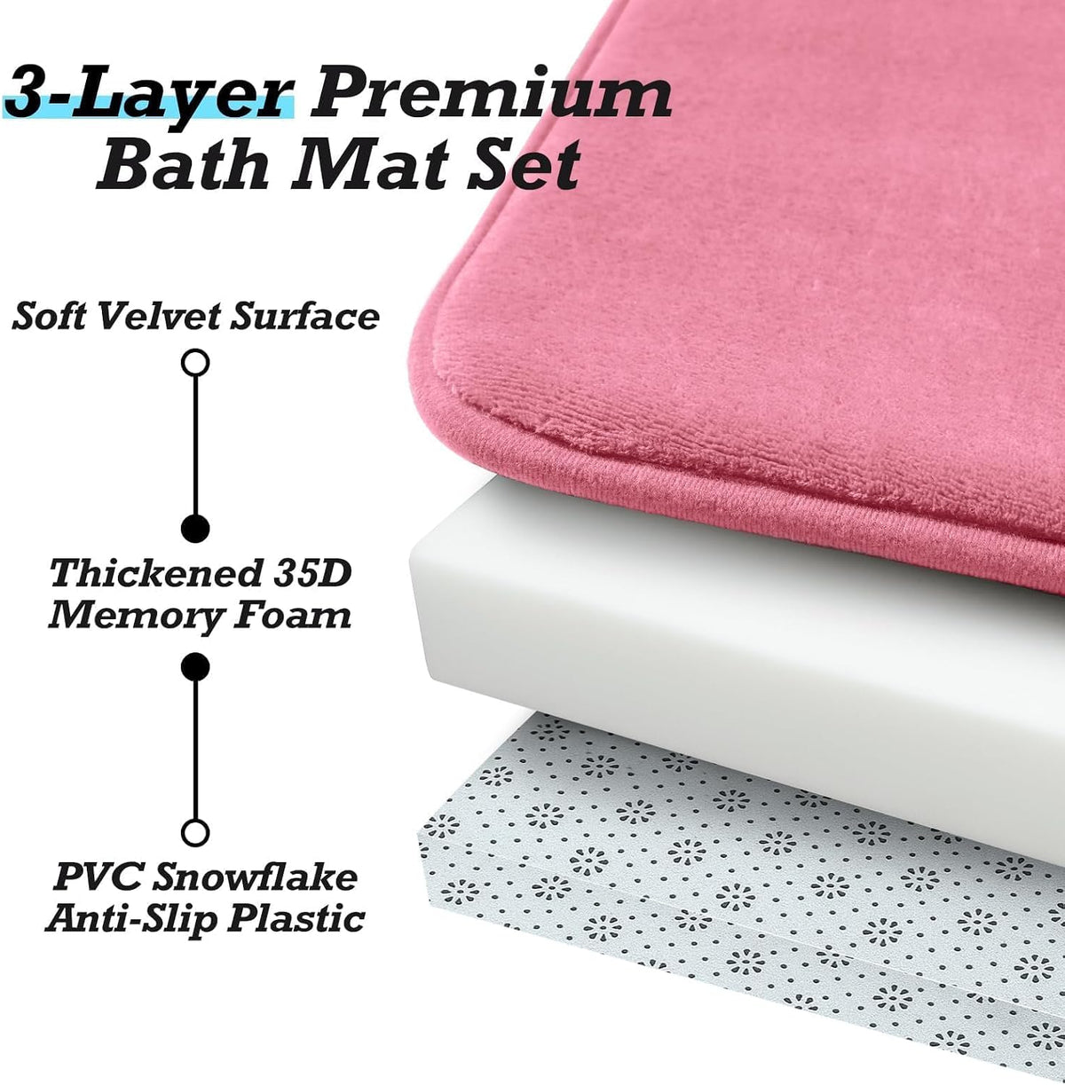 Bathroom Rugs Sets 3 Piece, Non-Slip & Quick Dry Bath Mat Set, Ultra Soft Velvet Bath Rugs for Bathroom, Toilet and Shower Floor, Pink