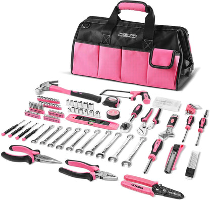 Pink Tool Set for Women Ladies Girls, 226-Piece Household Hand Tool Kit with Wide Mouth Open Storage Tool Bag for DIY, Home and Equipment Maintenance